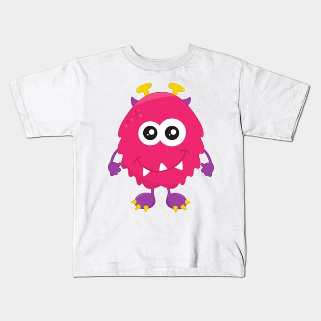 Cute Monster, Pink Monster, Horns, Funny Monster Kids T-Shirt by Jelena Dunčević